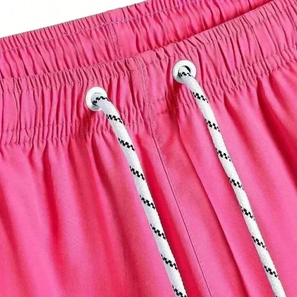 Pink Vacation Style Mens Slant Pockets Drawstring Waist Swim Trunks